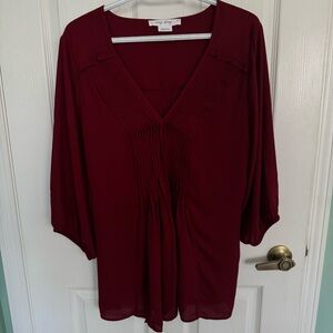 In Every Story Burgundy Pleated V-Neck Blouse Women's 1X 3/4 Sleeve Flowy Top